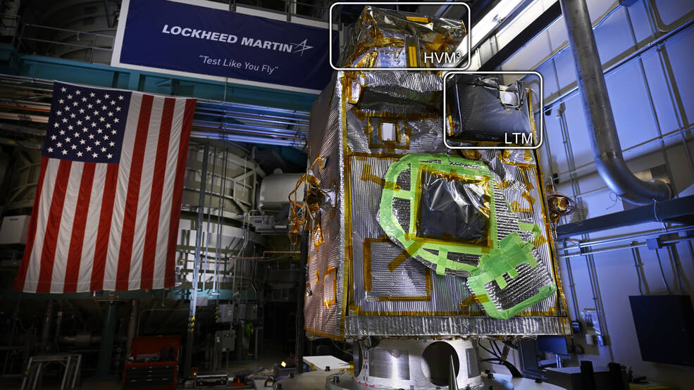 Lunar Trailblazers High-resolution Volatiles and Minerals Moon Mapper (HVM3) science instrument is located atop the spacecraft. The Lunar Thermal Mapper (LTM) is the black rectangle attached to the upper right of the spacecrafts body.