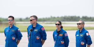 NASA’s SpaceX Crew-7 Crew are seen after arriving at the Launch and Landing Facility at NASA’s Kennedy Space Center in Florida on Sunday, Aug. 20, 2023.