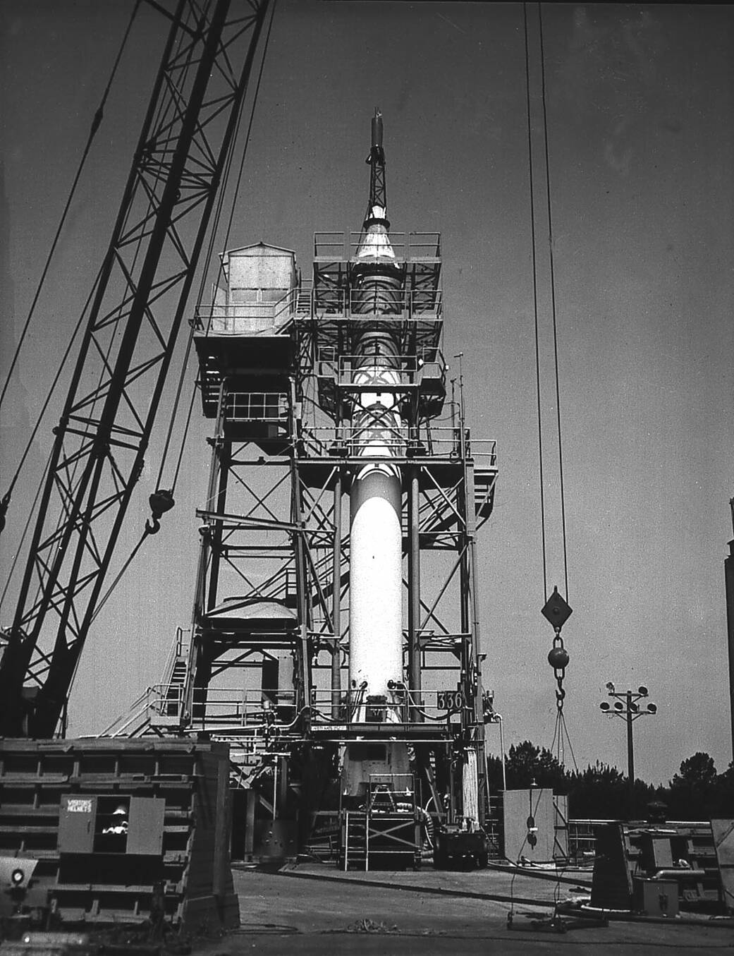A Mercury-Redstone launch vehicle awaits test-firing in the Redstone Test Stand during the late 1950s.