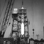 A Mercury-Redstone launch vehicle awaits test-firing in the Redstone Test Stand during the late 1950s.