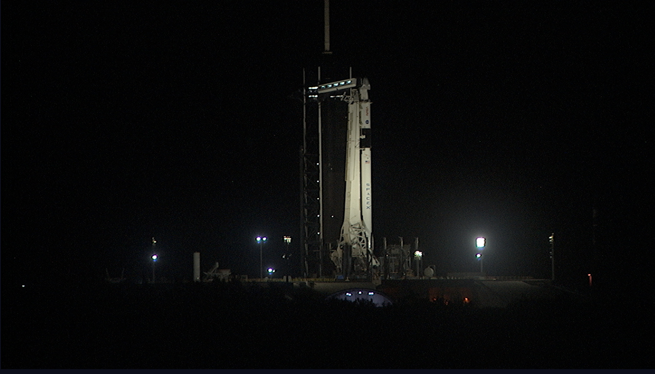 The SpaceX Falcon 9 rocket with the Dragon spacecraft atop is on the pad atd Launch Complex 39A at NASA's Kennedy Space Center in Florida.