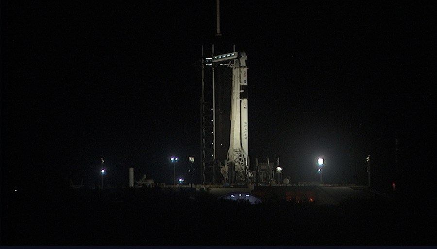 The SpaceX Falcon 9 rocket with the Dragon spacecraft atop is on the pad atd Launch Complex 39A at NASA's Kennedy Space Center in Florida.