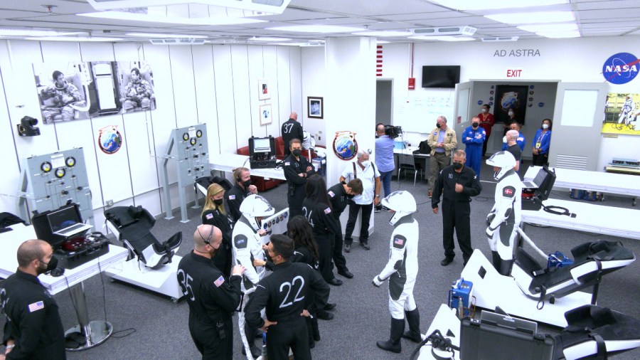 The SpaceX Crew-7 astronauts are in the suit-up room inside the crew quarters at the Neil Armstrong Operations and Checkout Building at NASA's Kennedy Space Center in Florida on Aug. 26, 2023.