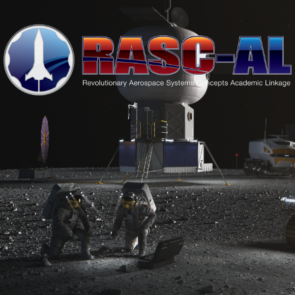RASC-AL logo with a futuristic scene depicting astronauts working on the dark, South Pole region of the Moon, with a large habitat in the background