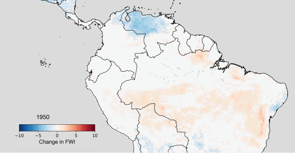 Animated map showing change in the fire weather index for the Amazon region since 1950 and projected out to 2100.