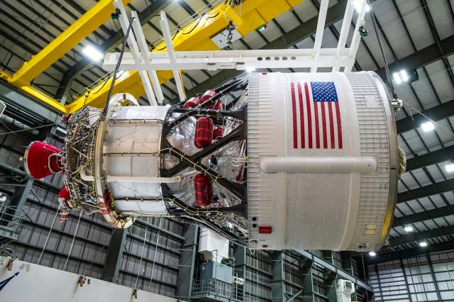 The third Interim Cryogenic Propulsion Stage built by United Launch Alliance under a collaborative partnership with Boeing for NASA's Artemis III mission, arrives at Cape Canaveral Space Force Station in Florida on Aug. 9, 2023.