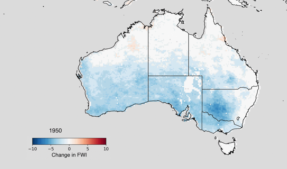 Animated map showing change in the fire weather index for Australia since 1950 and projected out to 2100.