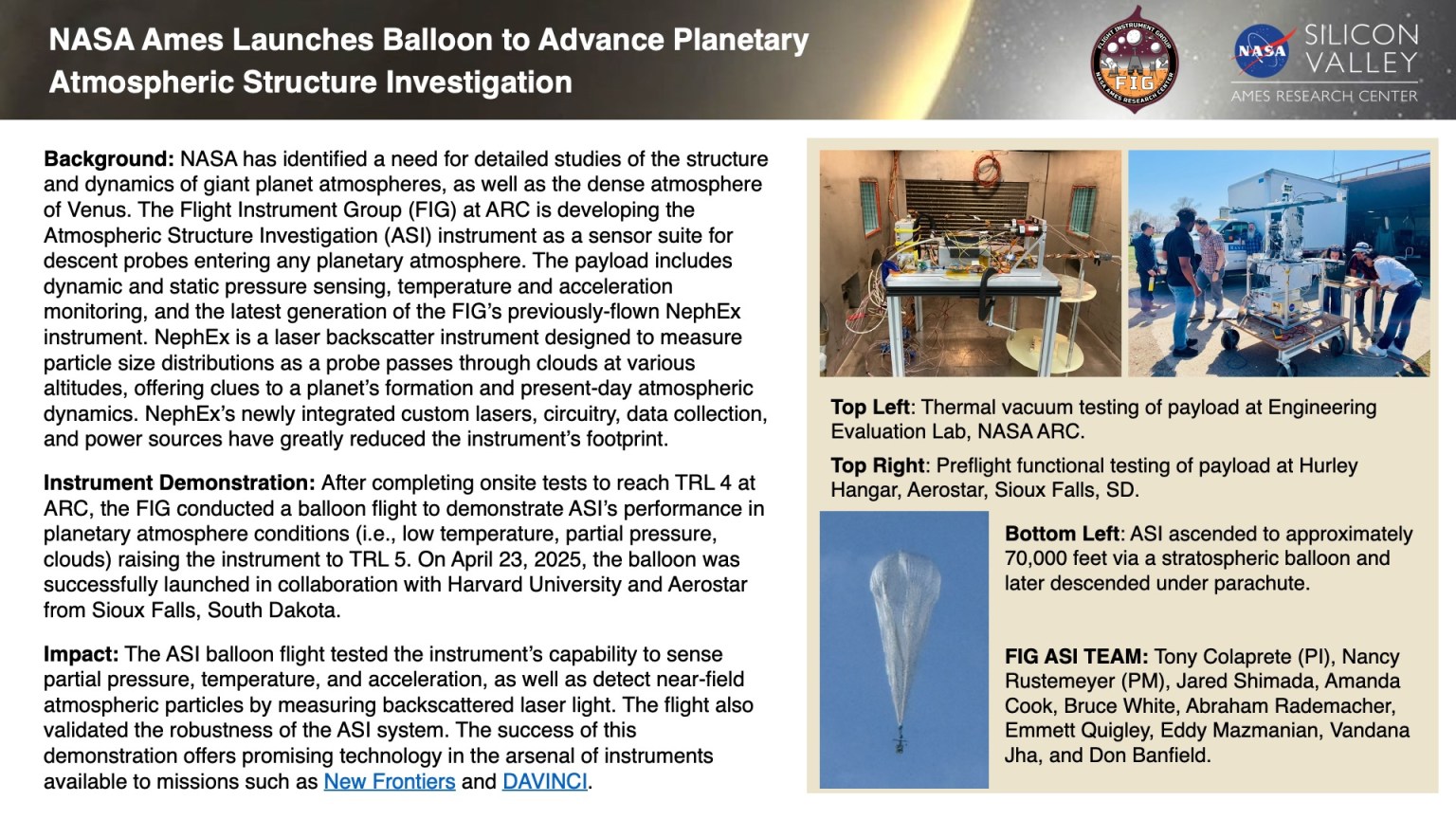 An image of a powerpoint slide that provides an summary about the NASA Ames science mission for NASA Ames to Advance Planetary Atmospheric Structure Investigation, conducted by the Flight Instrument Group, or FIG for shortr.