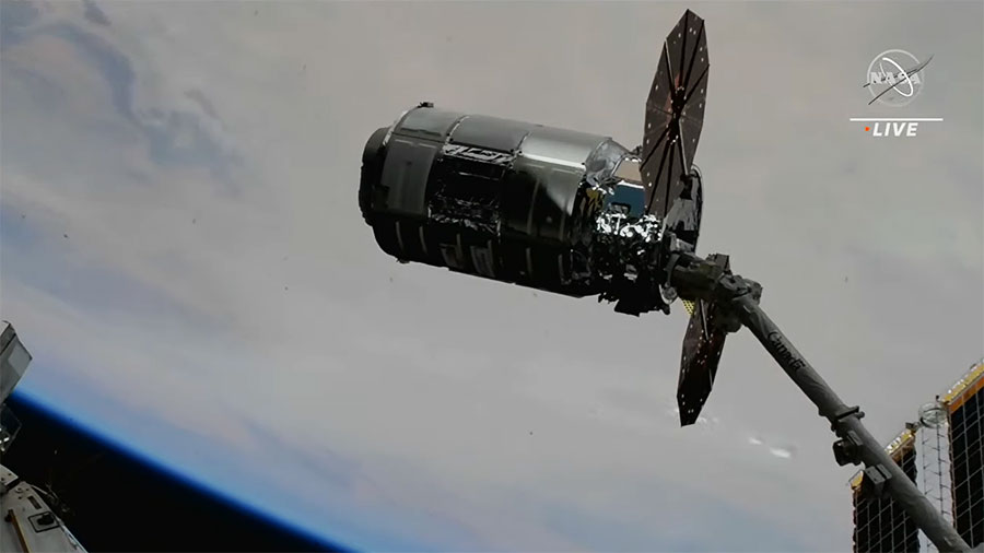 Northrop Grumman's Cygnus space freighter is pictured in the grips of the Canadarm2 robotic arm following its capture as both spacecraft orbited above Africa. Credit: NASA TV