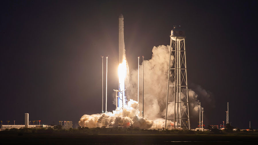 Northrop Grumman's Antares rocket with the Cygnus cargo craft atop launches on time from NASA's Wallops Flight Facility in Virginia. Credit: NASA/Patrick Black