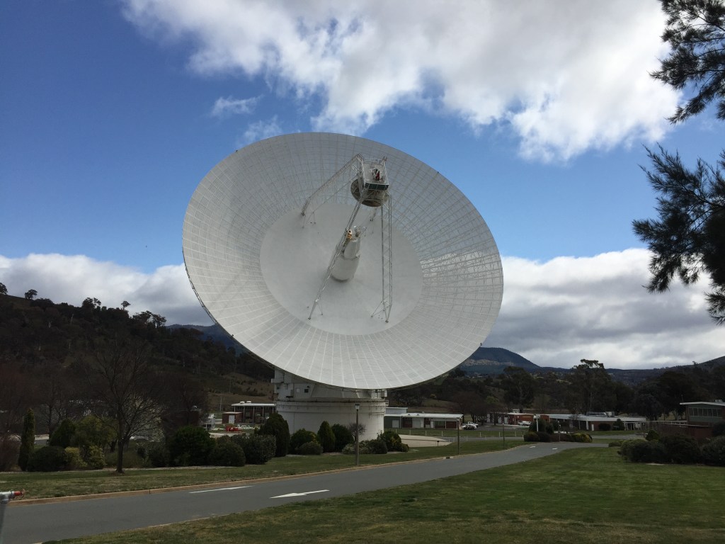 A 230-foot-wide antenna at Canberra Deep Space Communications Complex near Canberra, Australia.