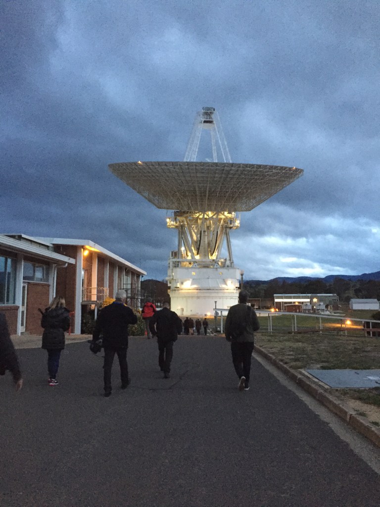 A 230-foot-wide antenna at Canberra Deep Space Communications Complex near Canberra, Australia.