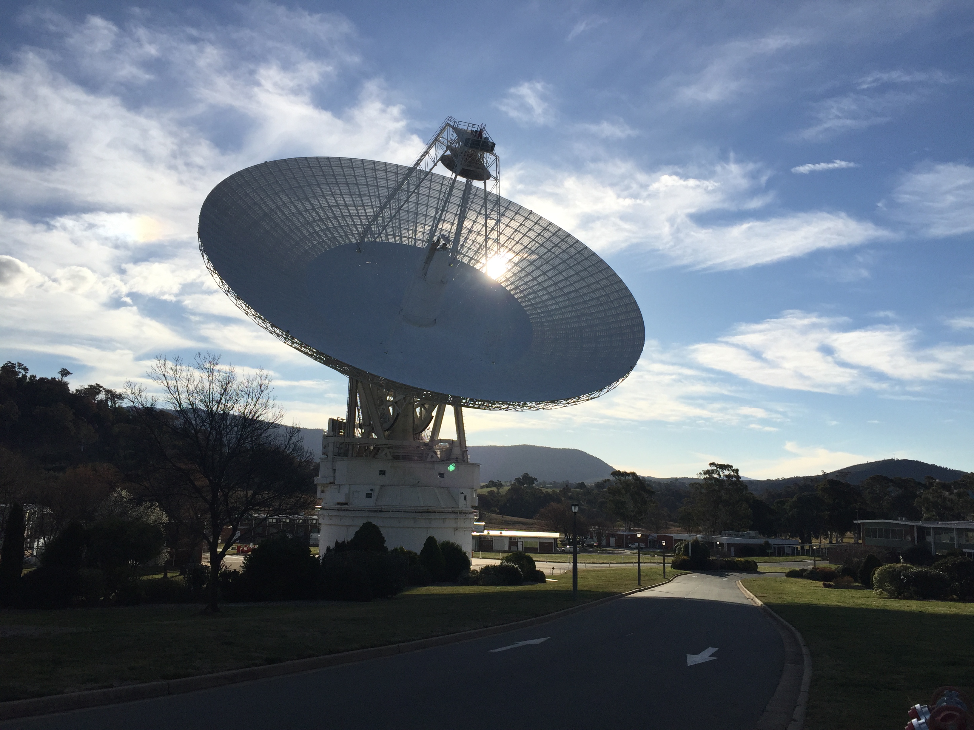 A 230-foot-wide antenna at Canberra Deep Space Communications Complex near Canberra, Australia.