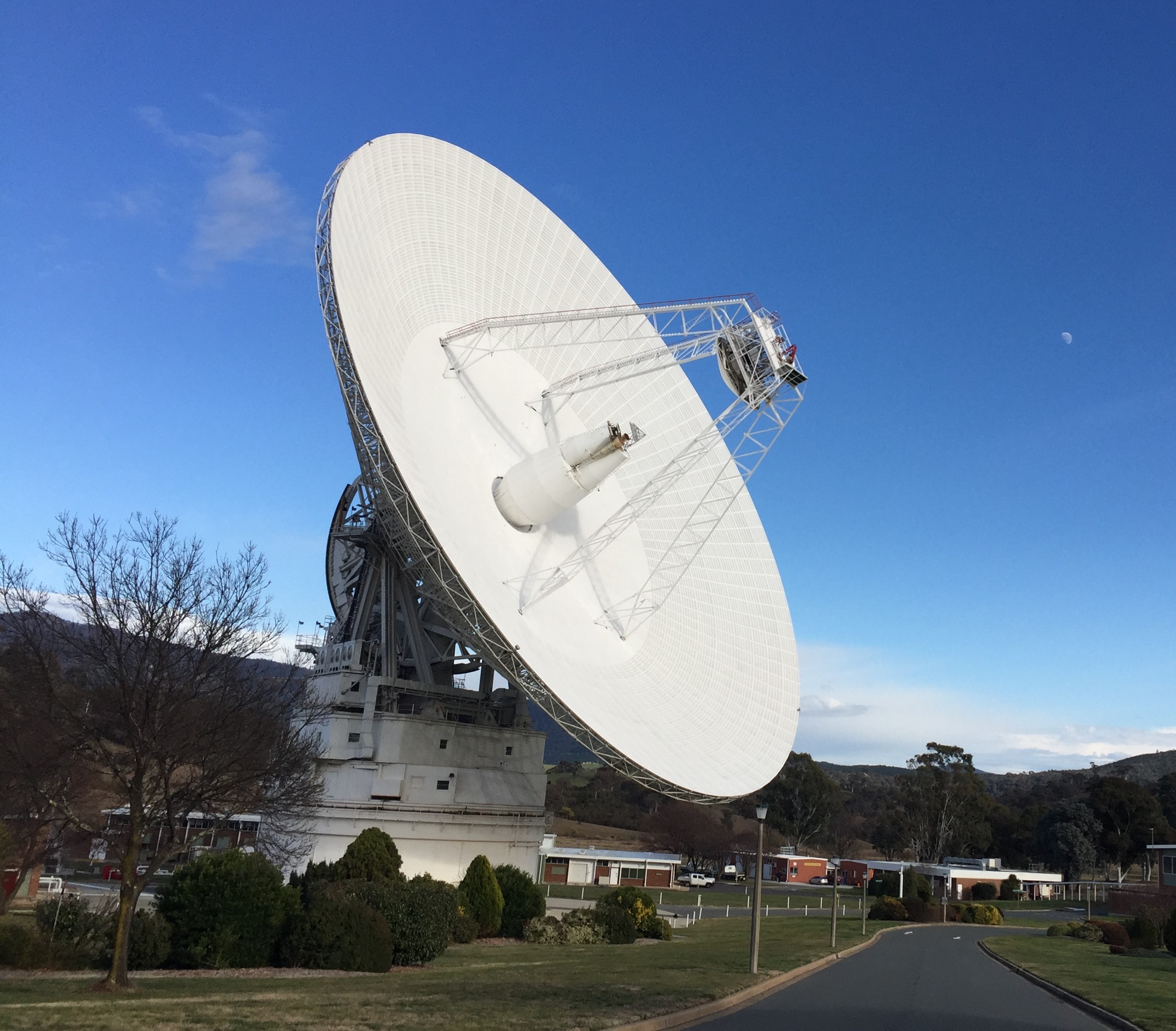 A 230-foot-wide antenna at Canberra Deep Space Communications Complex near Canberra, Australia.