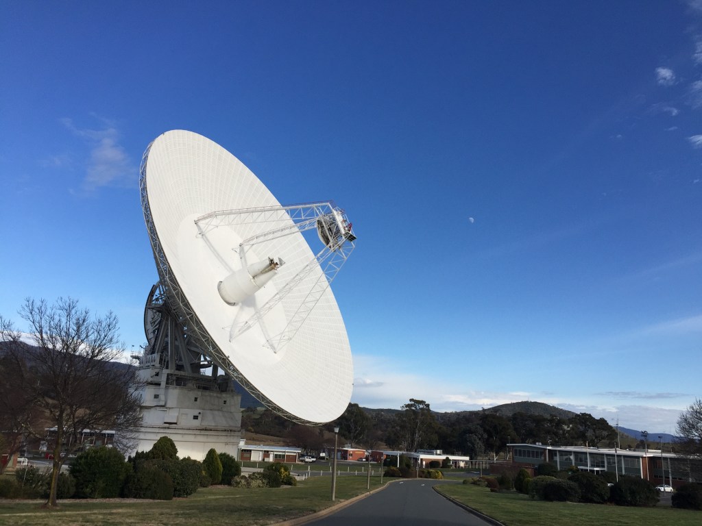 A 230-foot-wide antenna at Canberra Deep Space Communications Complex near Canberra, Australia.