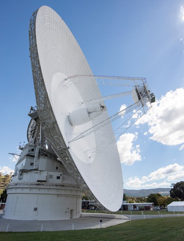 A 230-foot-wide antenna at Canberra Deep Space Communications Complex near Canberra, Australia.