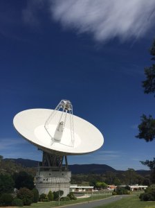 A 230-foot-wide antenna at Canberra Deep Space Communications Complex near Canberra, Australia.