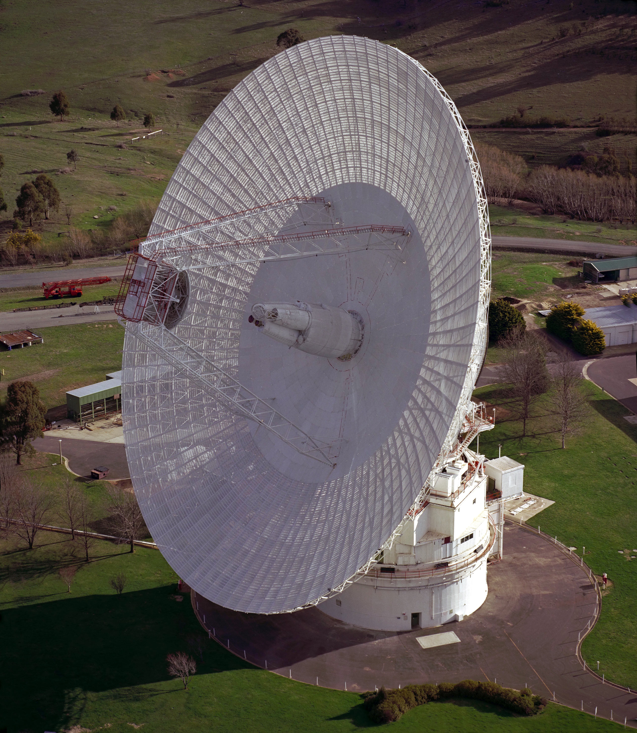 A 230-foot-wide antenna at Canberra Deep Space Communications Complex near Canberra, Australia.