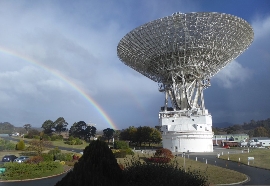 A 230-foot-wide antenna at Canberra Deep Space Communications Complex near Canberra, Australia.