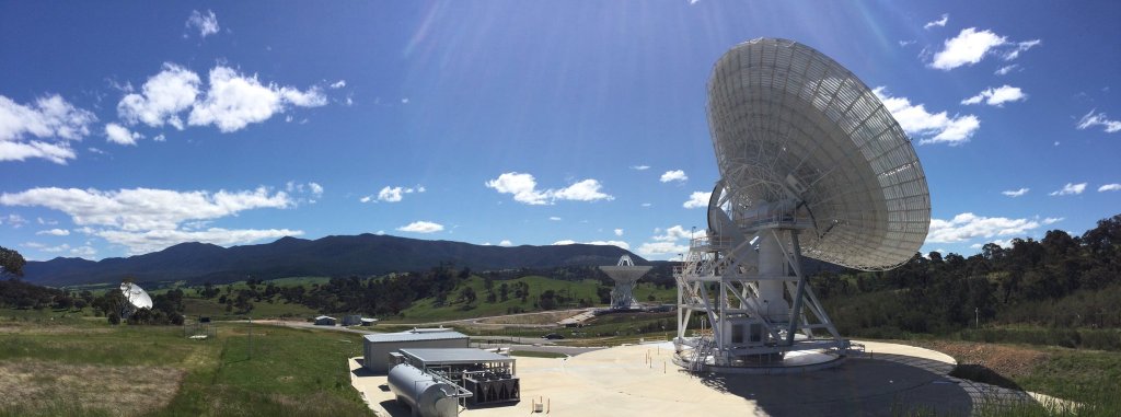 A 230-foot-wide antenna at Canberra Deep Space Communications Complex near Canberra, Australia.