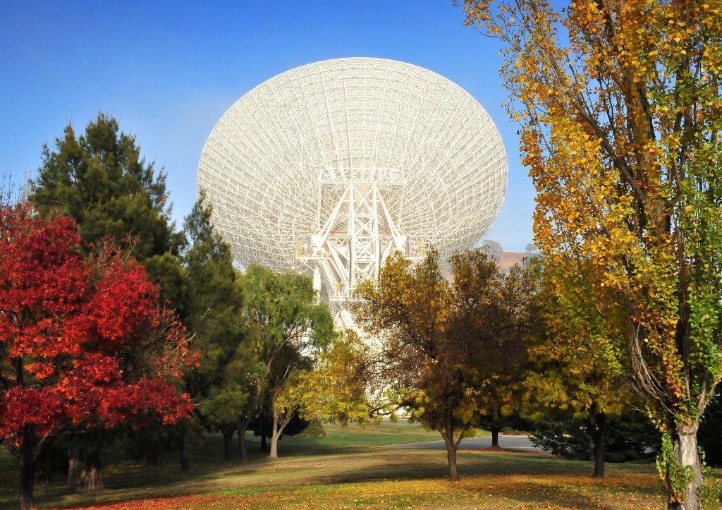 A 230-foot-wide antenna at Canberra Deep Space Communications Complex near Canberra, Australia.