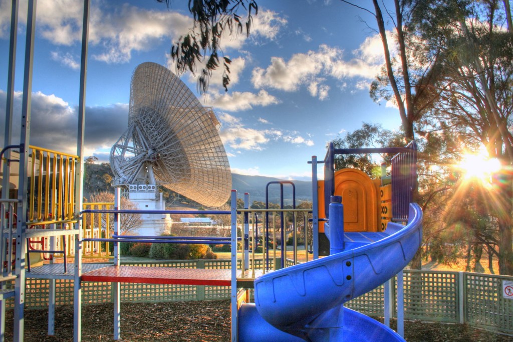 A 230-foot-wide antenna at Canberra Deep Space Communications Complex near Canberra, Australia.