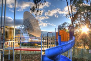 A 230-foot-wide antenna at Canberra Deep Space Communications Complex near Canberra, Australia.