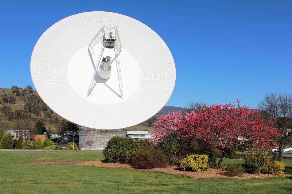 A 230-foot-wide antenna at Canberra Deep Space Communications Complex near Canberra, Australia.