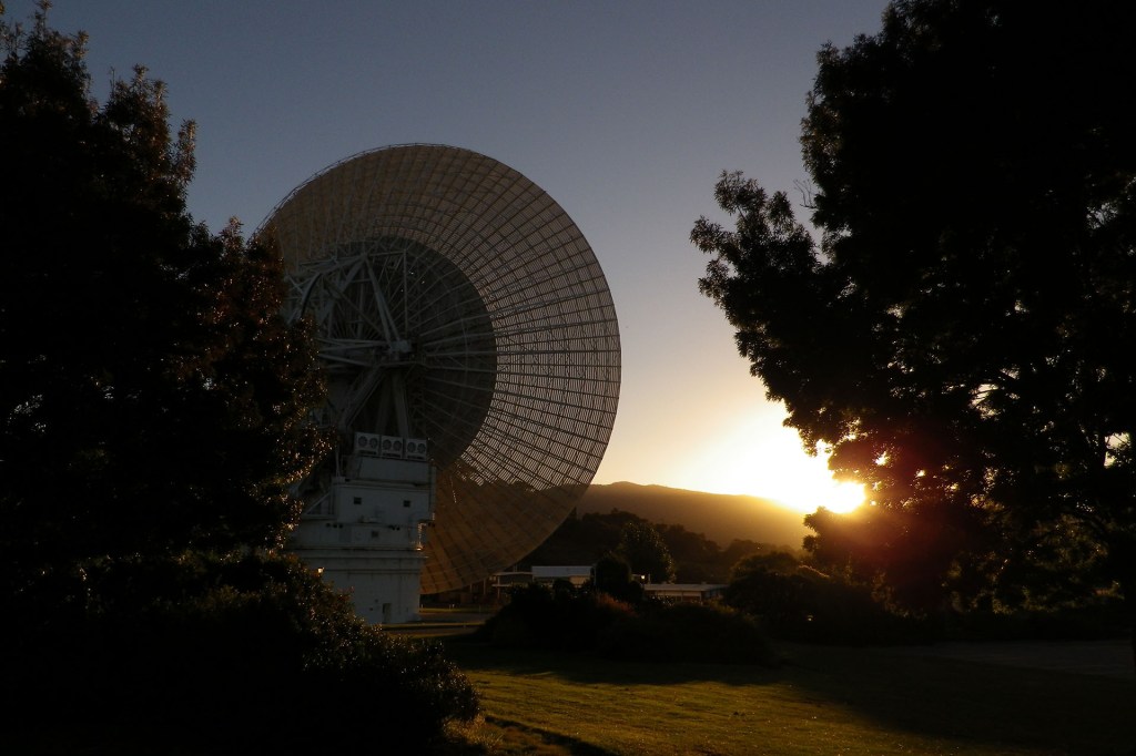 A 230-foot-wide antenna at Canberra Deep Space Communications Complex near Canberra, Australia.