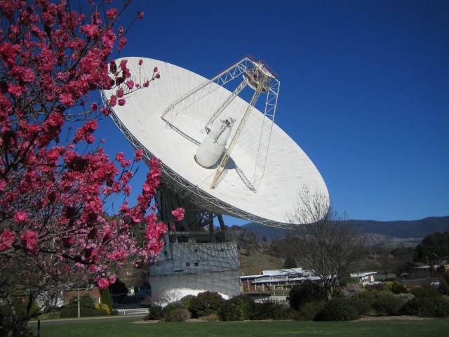 A 230-foot-wide antenna at Canberra Deep Space Communications Complex near Canberra, Australia.