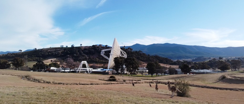 A 230-foot-wide antenna at Canberra Deep Space Communications Complex near Canberra, Australia.