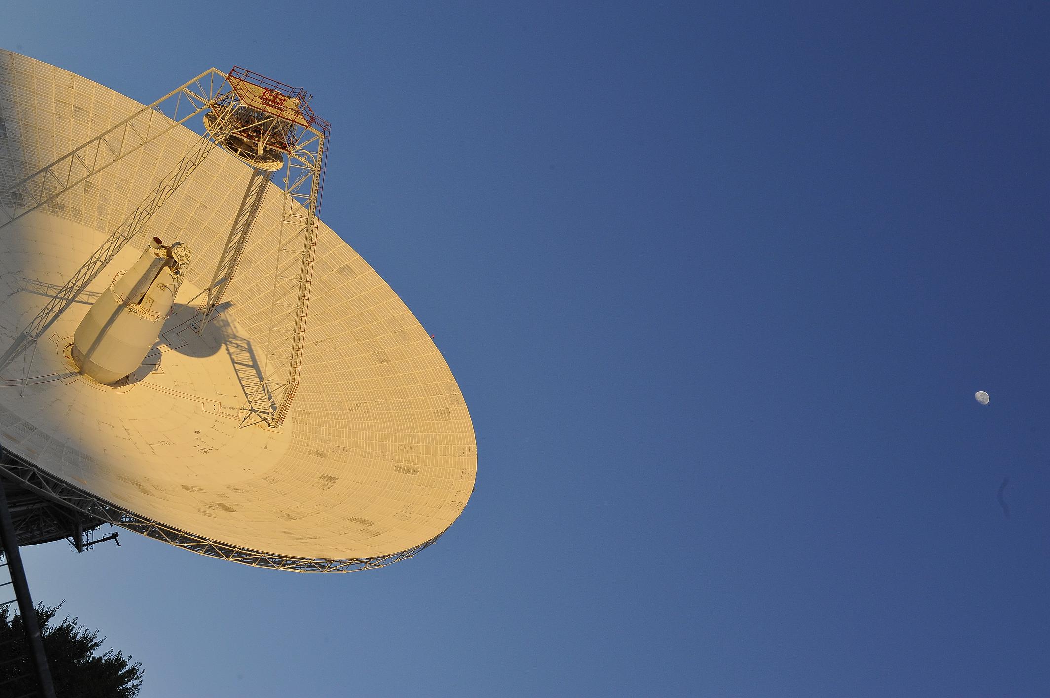 A 230-foot-wide antenna at Canberra Deep Space Communications Complex near Canberra, Australia.