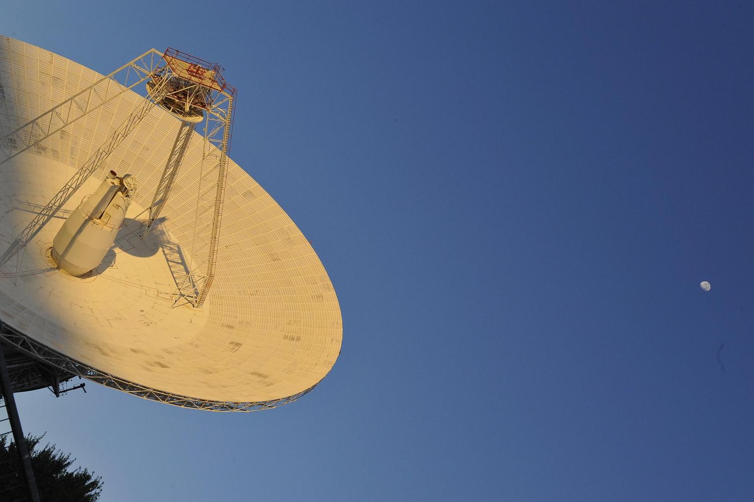 A 230-foot-wide antenna at Canberra Deep Space Communications Complex near Canberra, Australia.