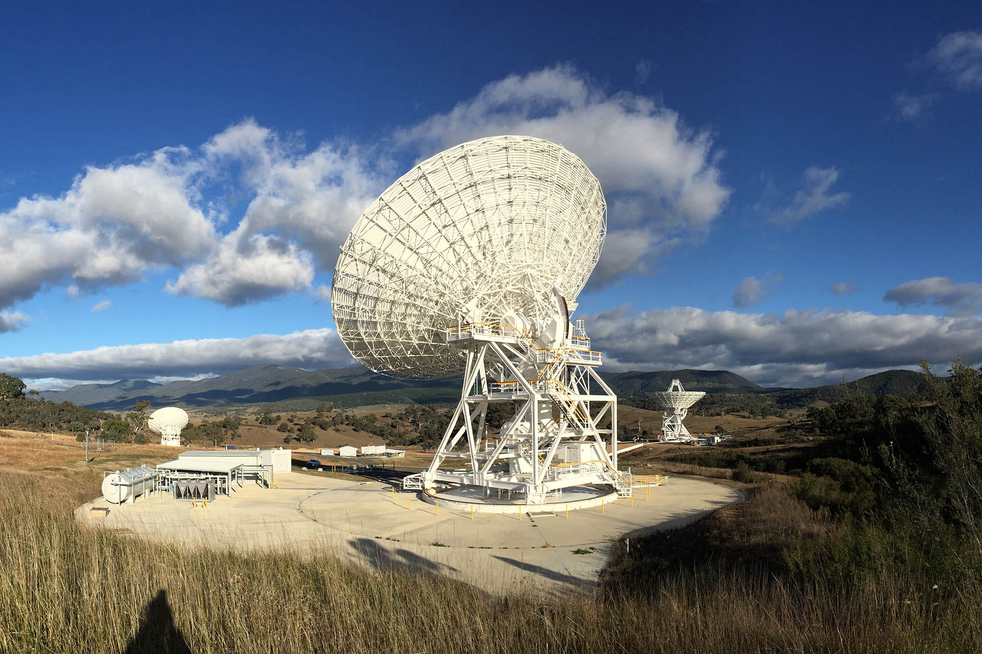 A 230-foot-wide antenna at Canberra Deep Space Communications Complex near Canberra, Australia.