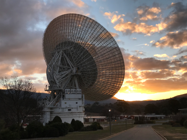 A 230-foot-wide antenna at Canberra Deep Space Communications Complex near Canberra, Australia.