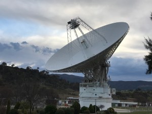 A 230-foot-wide antenna at Canberra Deep Space Communications Complex near Canberra, Australia.