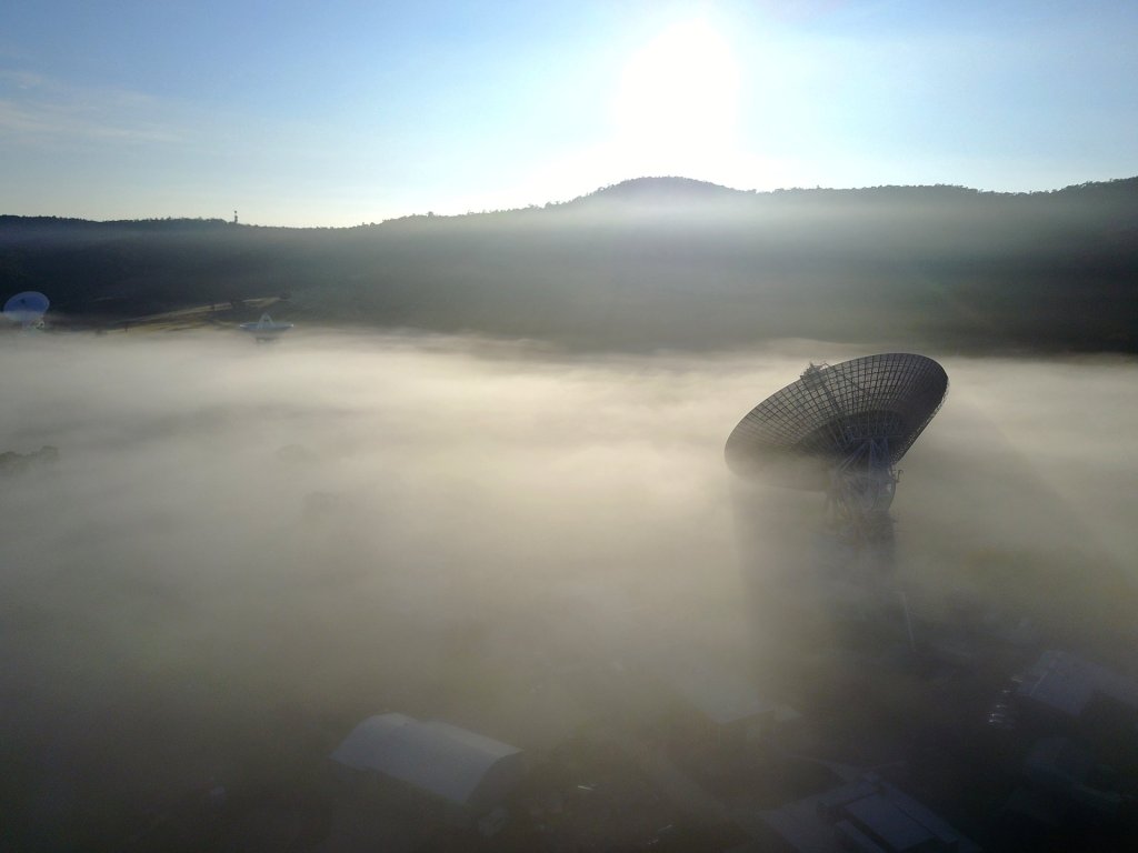 A 230-foot-wide antenna at Canberra Deep Space Communications Complex near Canberra, Australia.