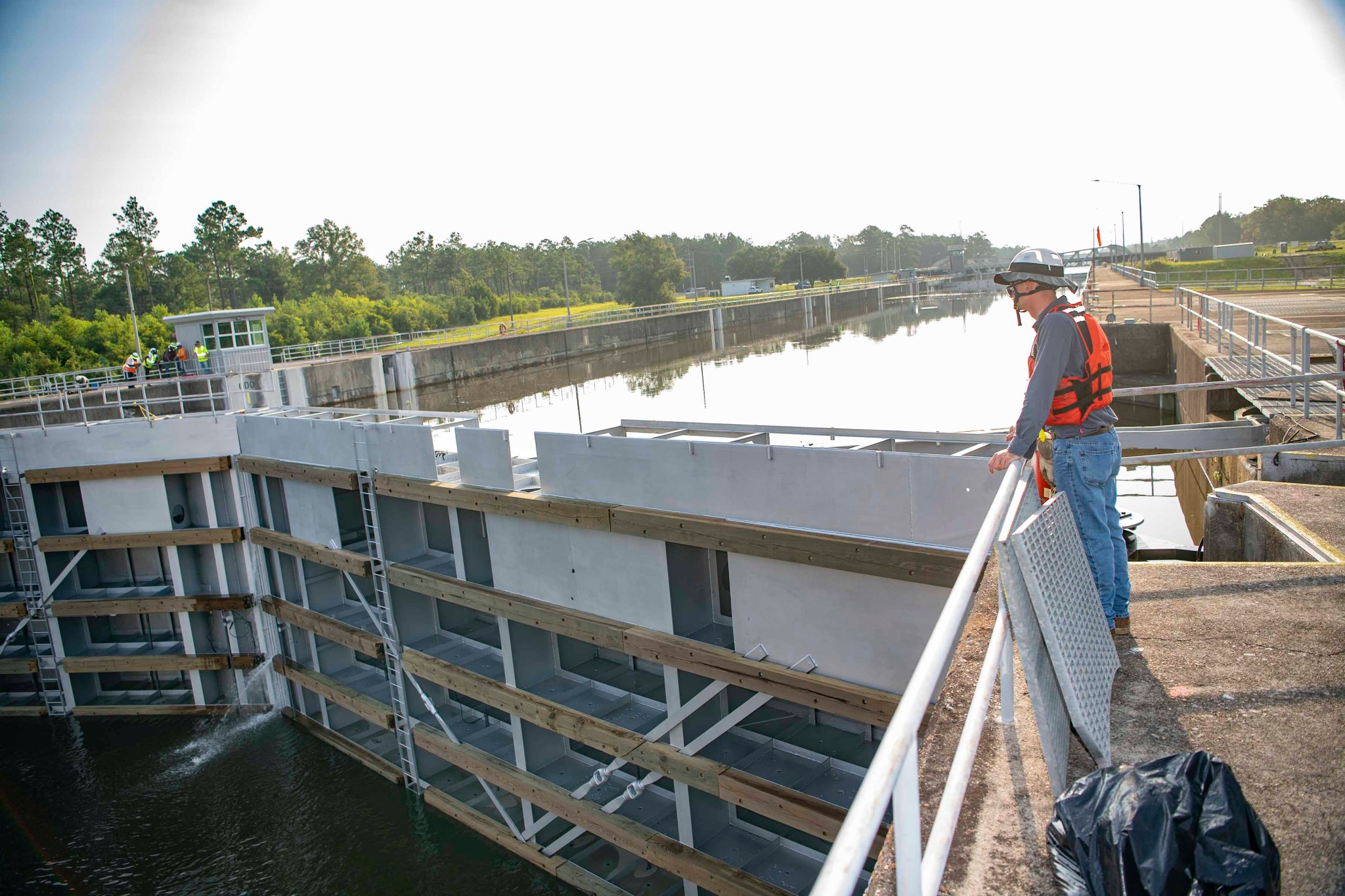 Crews conducting a test of the navigation lock system at Stennis Space Center