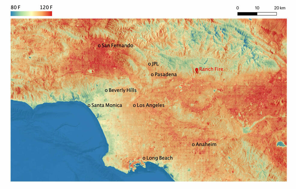 This map shows land-surface temperatures in much of L.A. County on Aug. 14, 2020. Peak land-surface temperature in the San Fernando Valley hit 128.3 degrees Fahrenheit (53.5 degrees Celsius), while coastal areas stayed cooler.