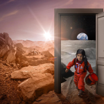 Image of a little girl in an astronaut suit coming out of a door onto what looks like mars