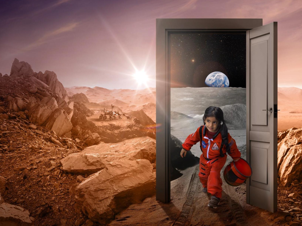 Image of a little girl in an astronaut suit coming out of a door onto what looks like mars