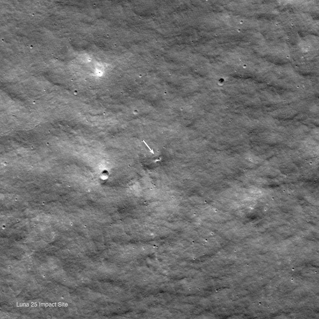 Image of the surface of the Moon showing the Luna 25 impact site seen by Lunar Re.