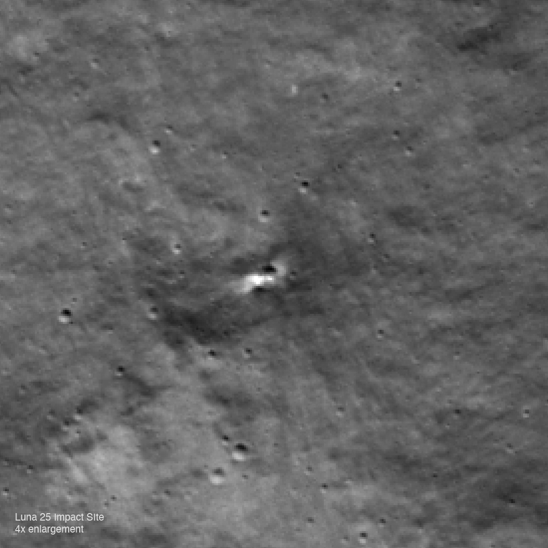 Image of the surface of the Moon showing the Luna 25 impact site seen by Lunar Reconnaissance Orbiter.