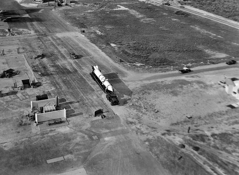 first redstone launch. rocket on truck to pad 4