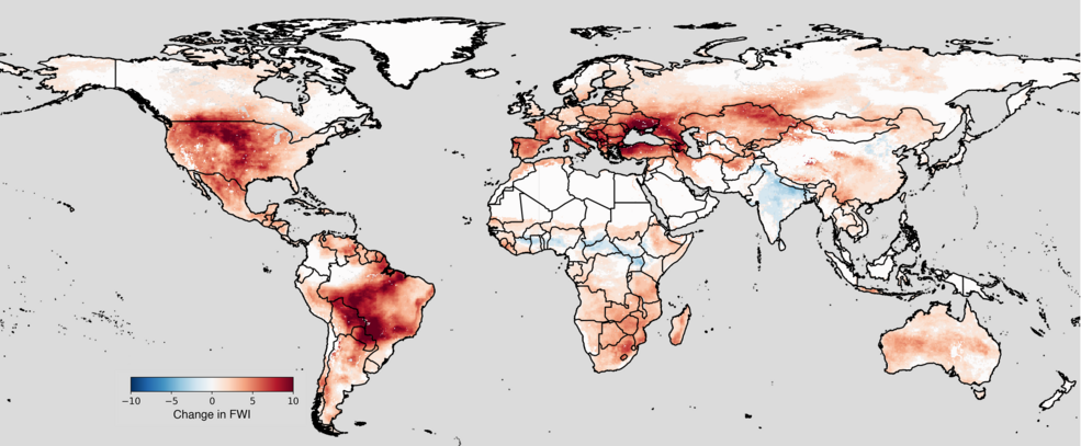 Este mapa mostra a mudança global em uma medida chamada “índice de tempo de incêndio”