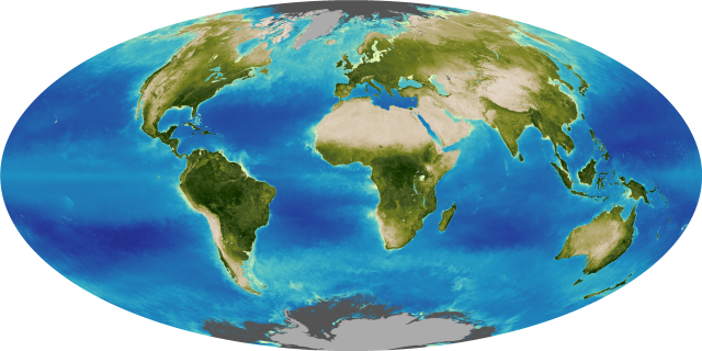 The global biosphere in 2008; the continents are tan and shades of green, and the oceans are a gradient of bright teal to a rich royal blue.