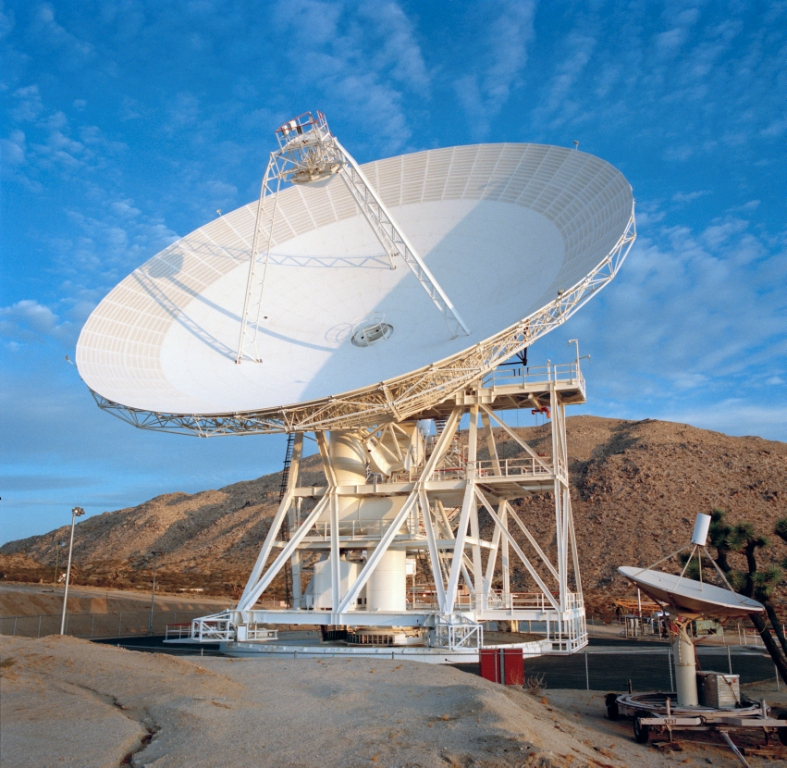A 112-foot-wide antenna at Goldstone Deep Space Communications Complex in Barstow, California.