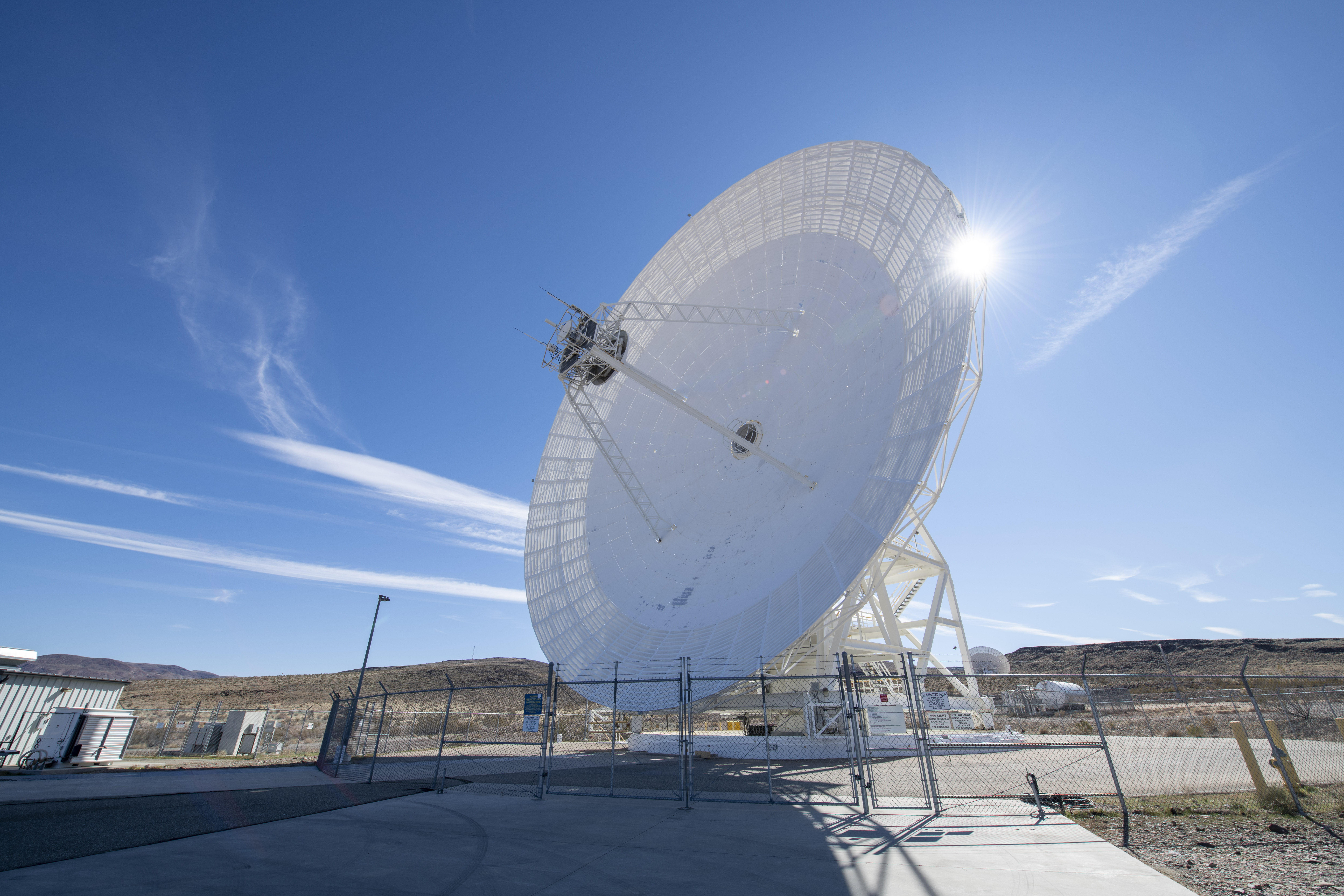 A 112-foot-wide antenna at Goldstone Deep Space Communications Complex in Barstow, California.