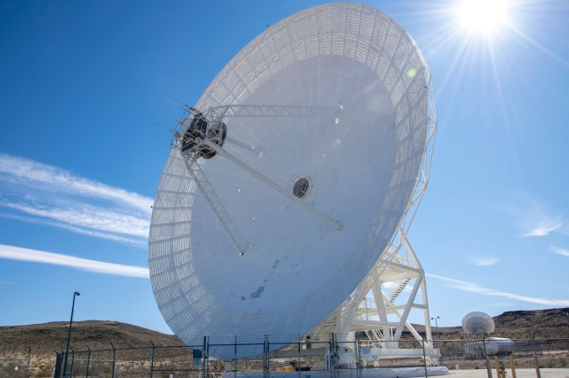 A 112-foot-wide antenna at Goldstone Deep Space Communications Complex in Barstow, California.
