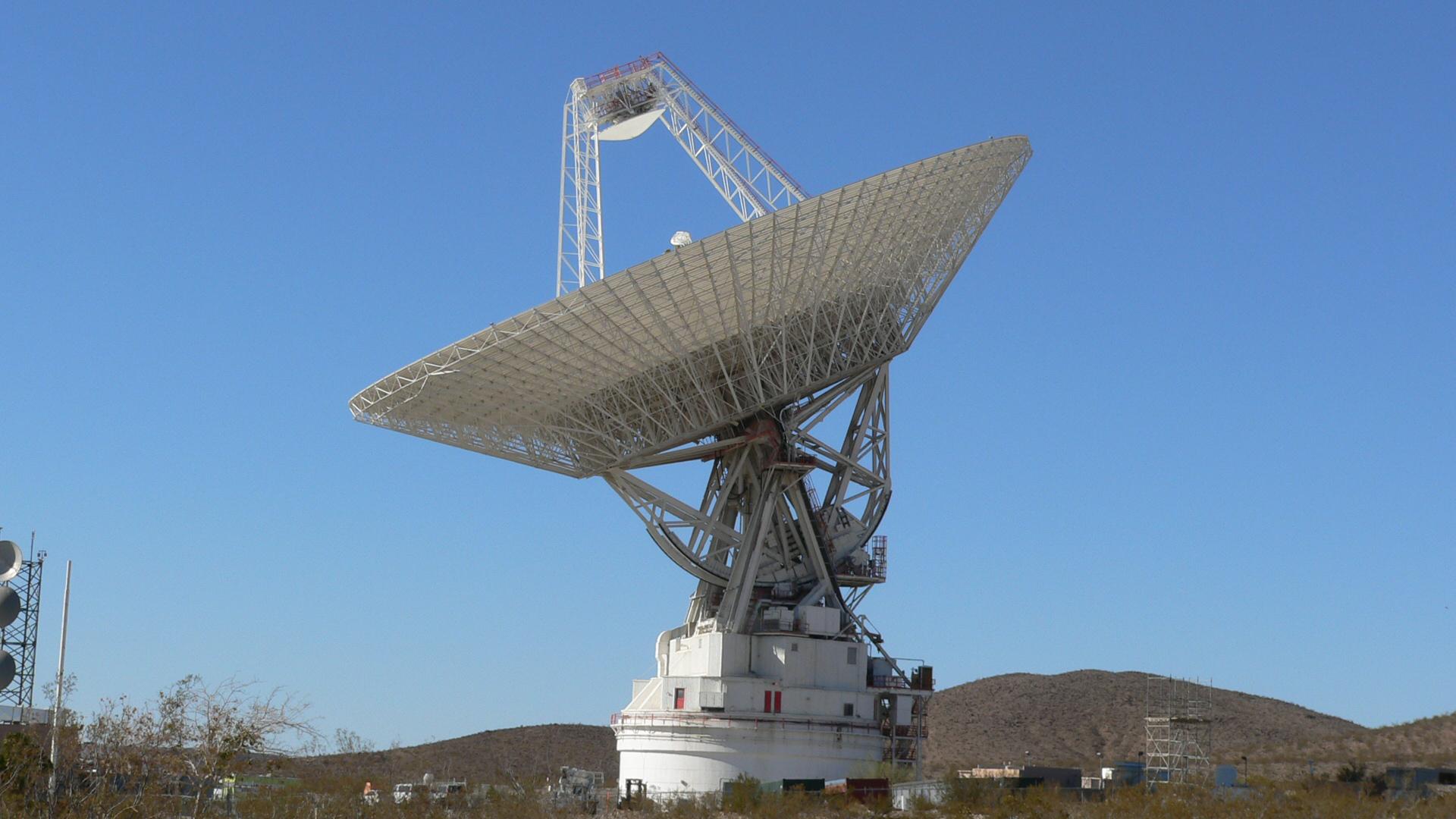 A 230-foot-wide antenna at Goldstone Deep Space Communications Complex in Barstow, California.